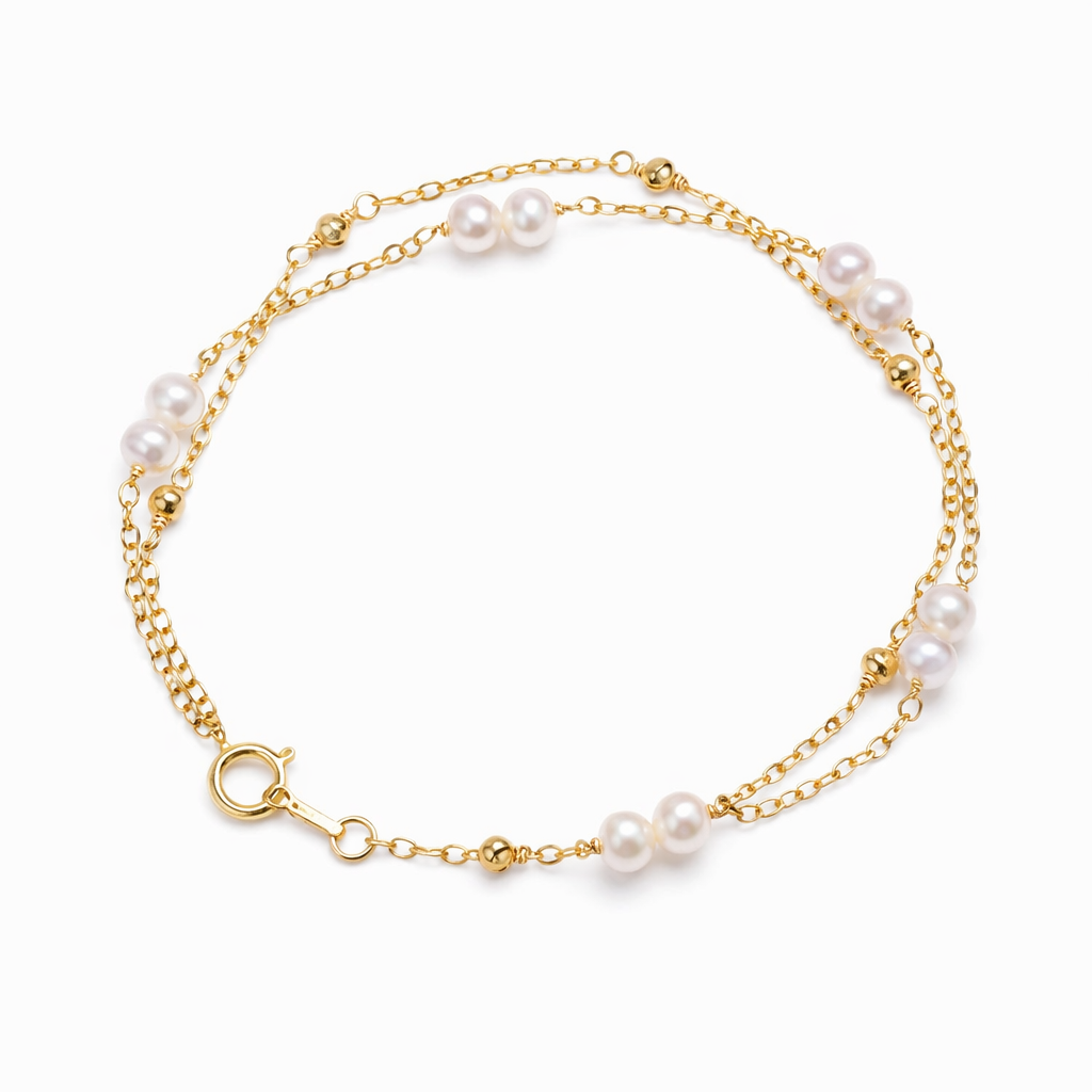 double layer pearl bracelet in S925 sterling silver warm gold-tone plated