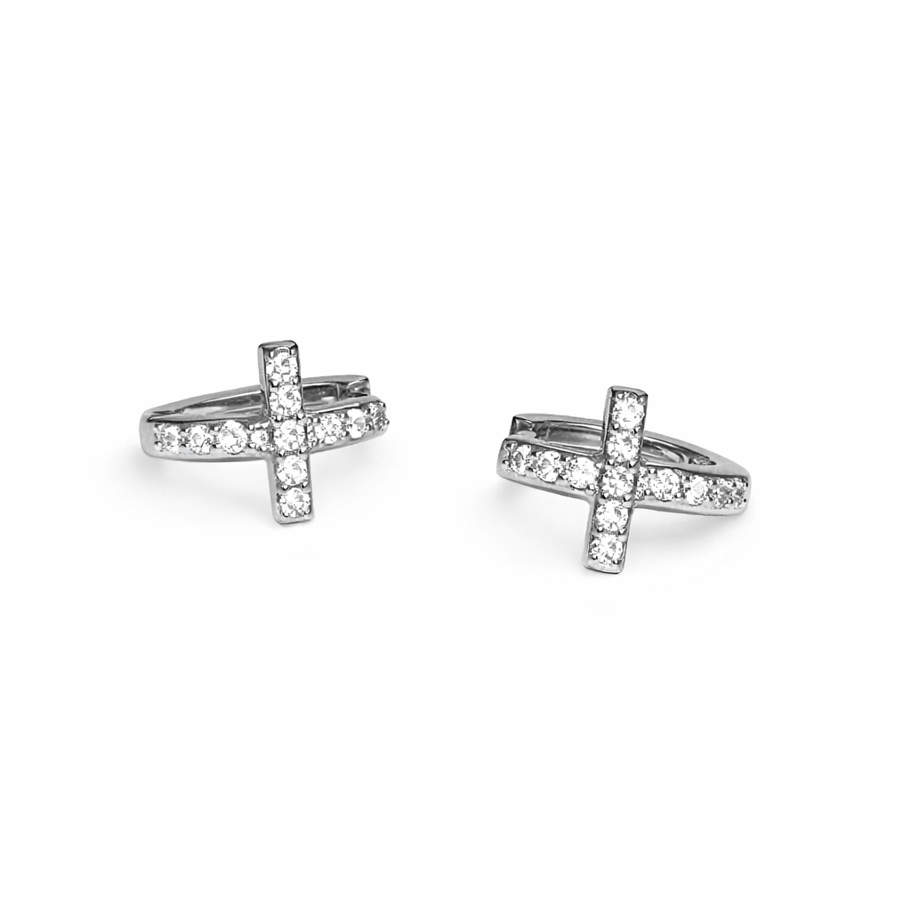 cross huggie earrings sterling silver