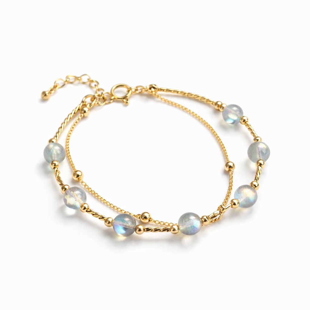 moonstone double bracelet in s925 sterling silver with double-layer beaded chain