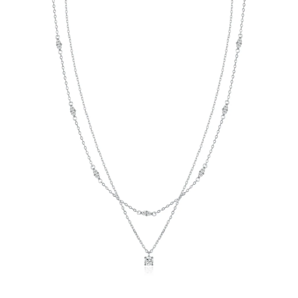 Lunara Double Layer Silver Necklace Crystal Pendant | Zelvani
