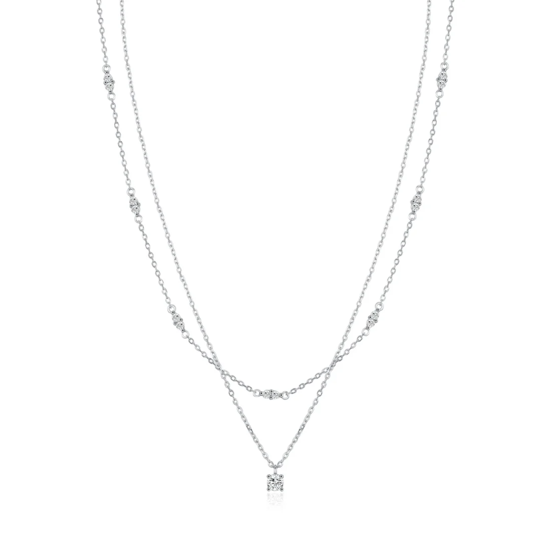 Lunara Double Layer Silver Necklace Crystal Pendant | Zelvani