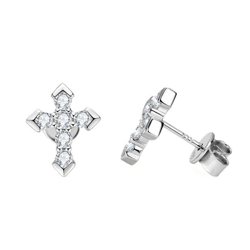Moissanite Cross Stud Earrings – S925 Sterling Silver Studs