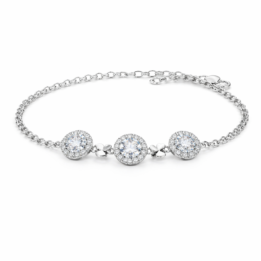 Celestia hearts bracelet in S925 sterling silver with platinum finish and 3 carat three-stone moissanite