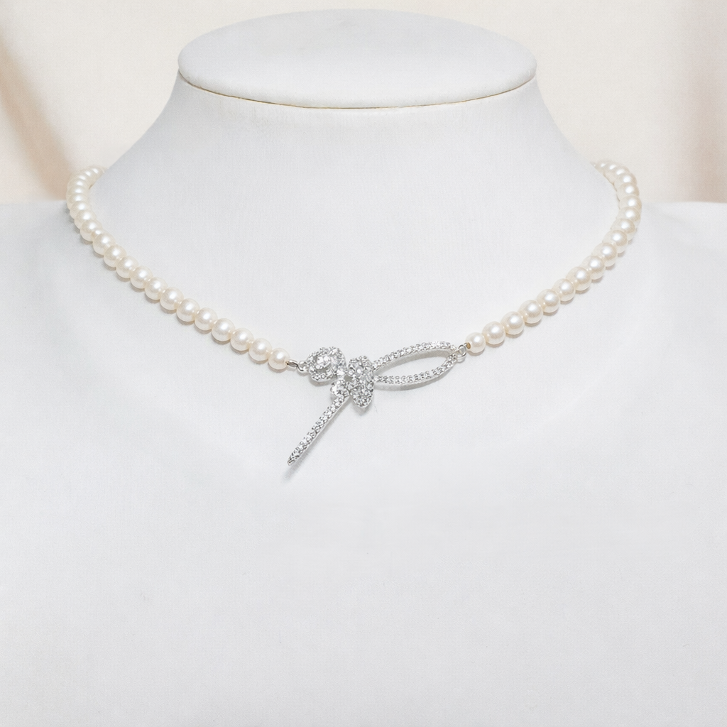 Rósín Pearl Ribbon Necklace white pearl bow necklace Zelvani