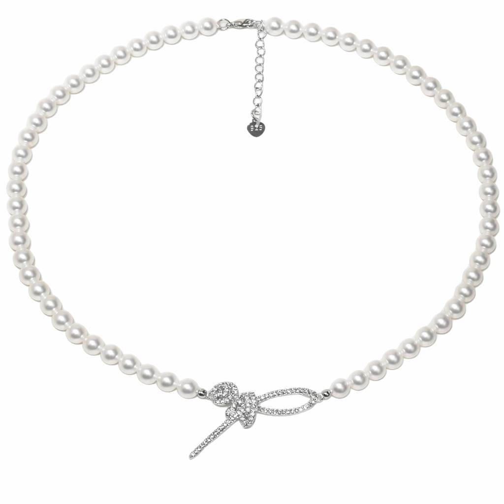 Rósín Pearl Ribbon Necklace white pearl bow necklace Zelvani